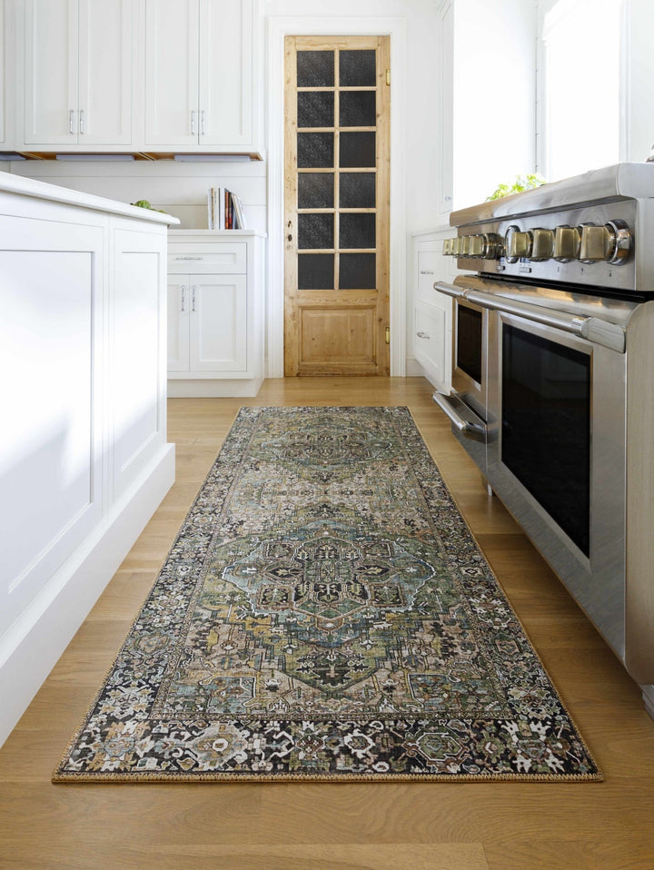 Vintage Style Traditional Heriz Medallion Green, Tan and Charcoal area rug - The Rug Decor