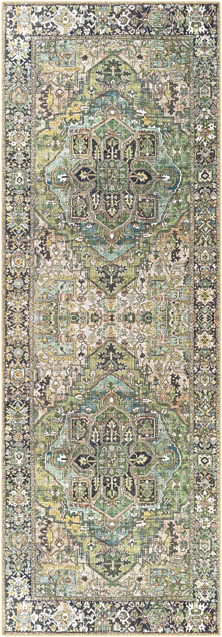 Vintage Style Traditional Heriz Medallion Green, Tan and Charcoal area rug - The Rug Decor