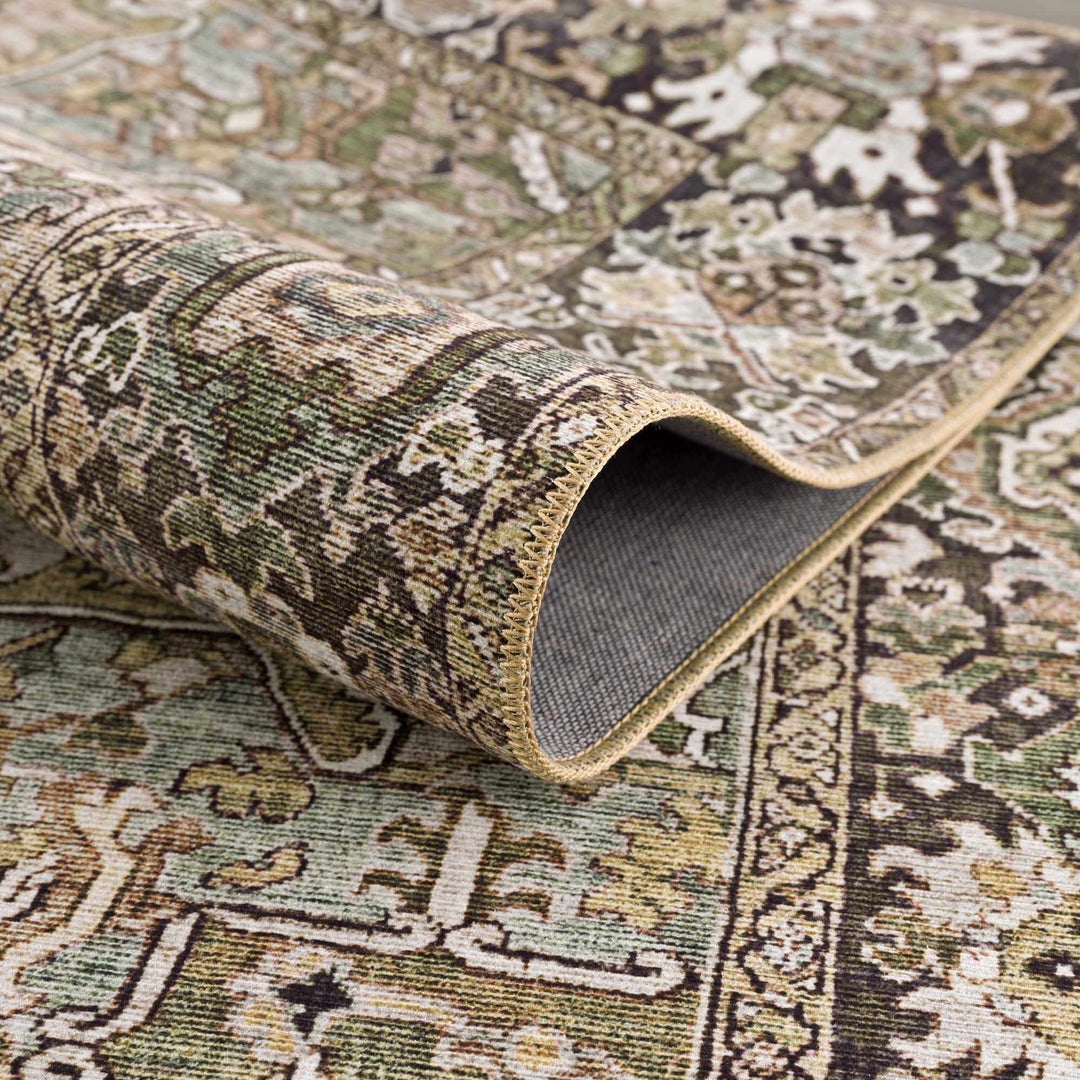 Vintage Style Traditional Heriz Medallion Green, Tan and Charcoal area rug - The Rug Decor