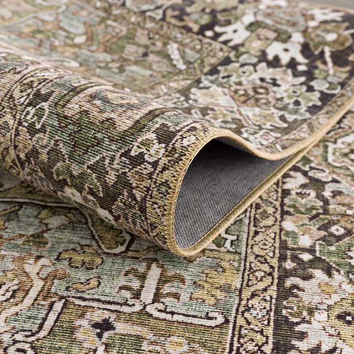 Vintage Style Traditional Heriz Medallion Green, Tan and Charcoal area rug - The Rug Decor