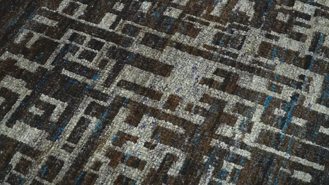 5x8 and 9x12 Hand Knotted Silver, Charcoal and Brown Modern Abstract Contemporary Recycled Silk Area Rug | OP29