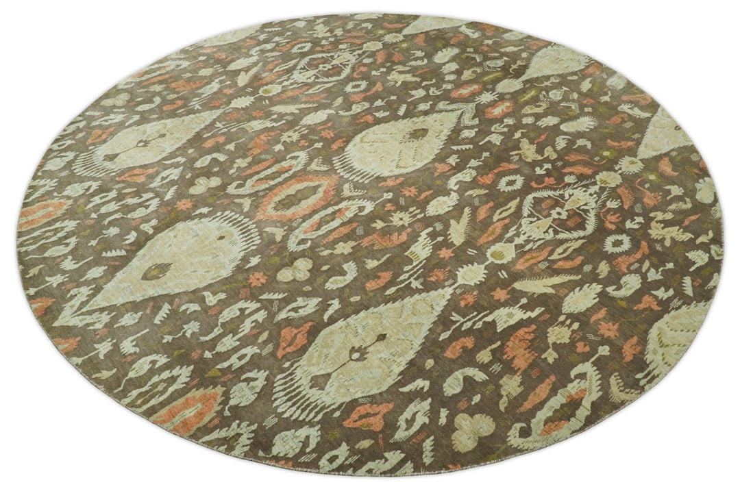 10x10 Round Fine Hand Knotted Brown and Beige Traditional Vintage Persian Style Antique Wool Rug | AGR47 - The Rug Decor