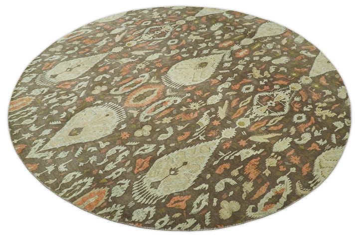 10x10 Round Fine Hand Knotted Brown and Beige Traditional Vintage Persian Style Antique Wool Rug | AGR47 - The Rug Decor
