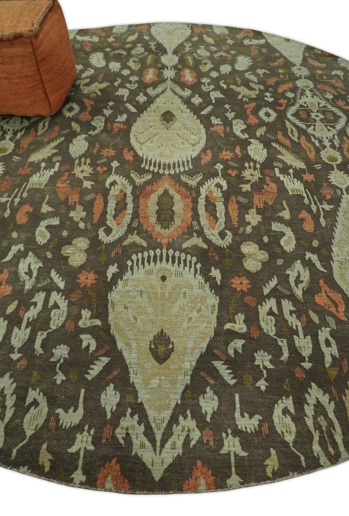 10x10 Round Fine Hand Knotted Brown and Beige Traditional Vintage Persian Style Antique Wool Rug | AGR47 - The Rug Decor