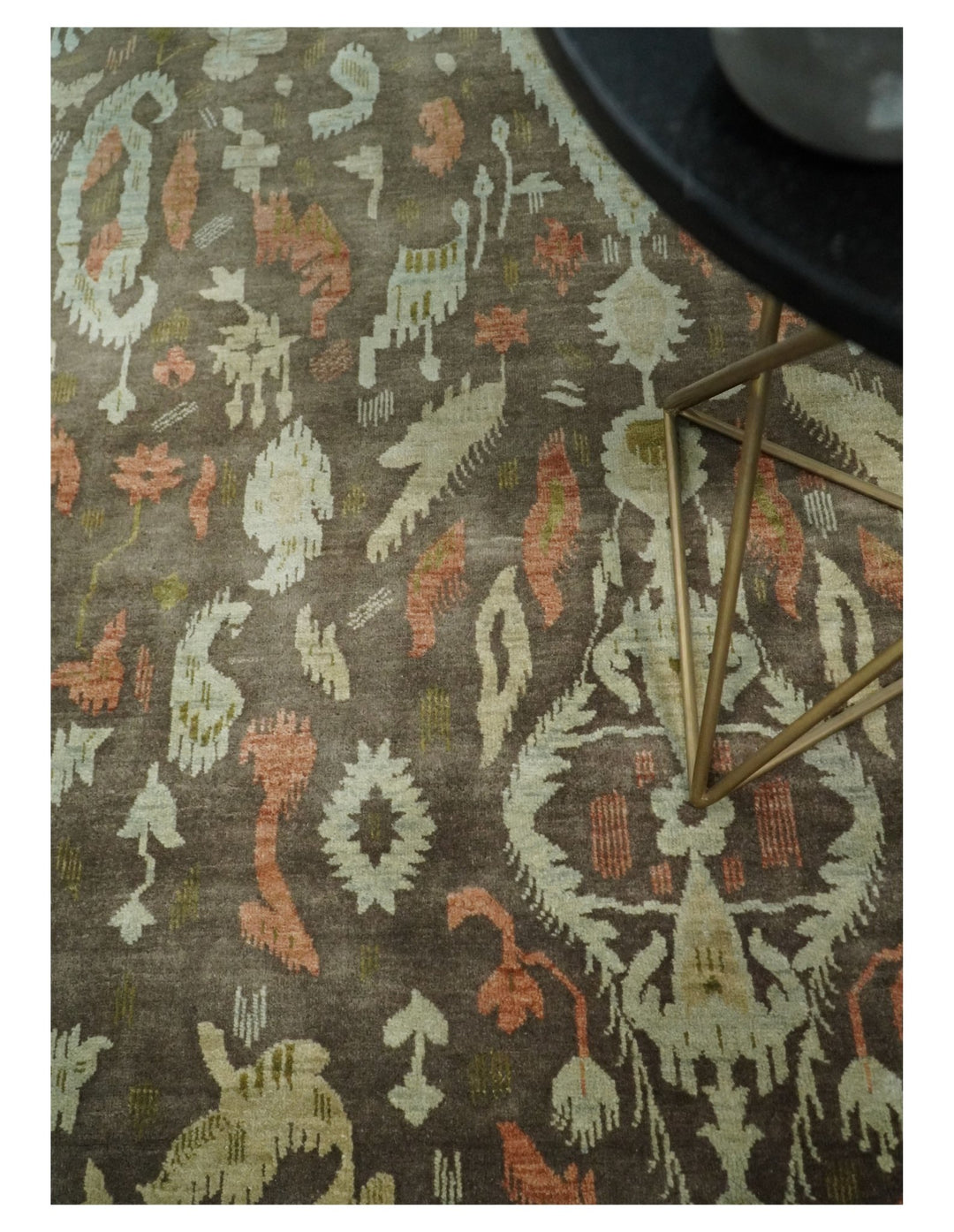 10x10 Round Fine Hand Knotted Brown and Beige Traditional Vintage Persian Style Antique Wool Rug | AGR47 - The Rug Decor