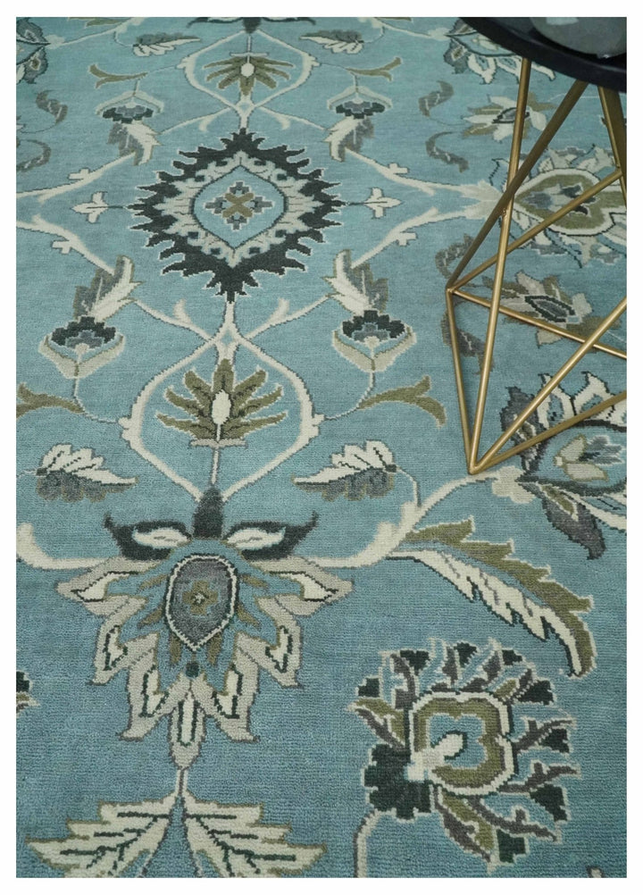 10x14 Antique Hand Knotted Blue and Ivory Traditional Vintage Persian Oushak Wool Rug | TRDCP10141014 - The Rug Decor
