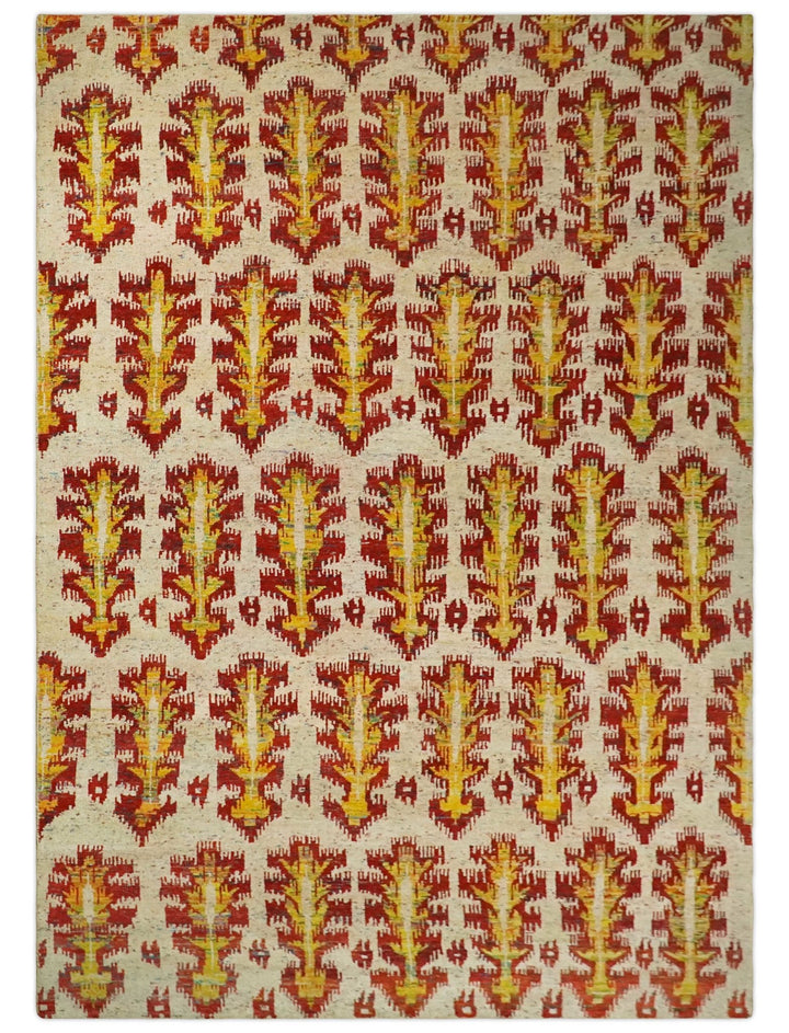 10x14 Hand Knotted Beige, Rust and Gold Modern Contemporary Southwestern Tribal Trellis Recycled Silk Area Rug | OP24 - The Rug Decor