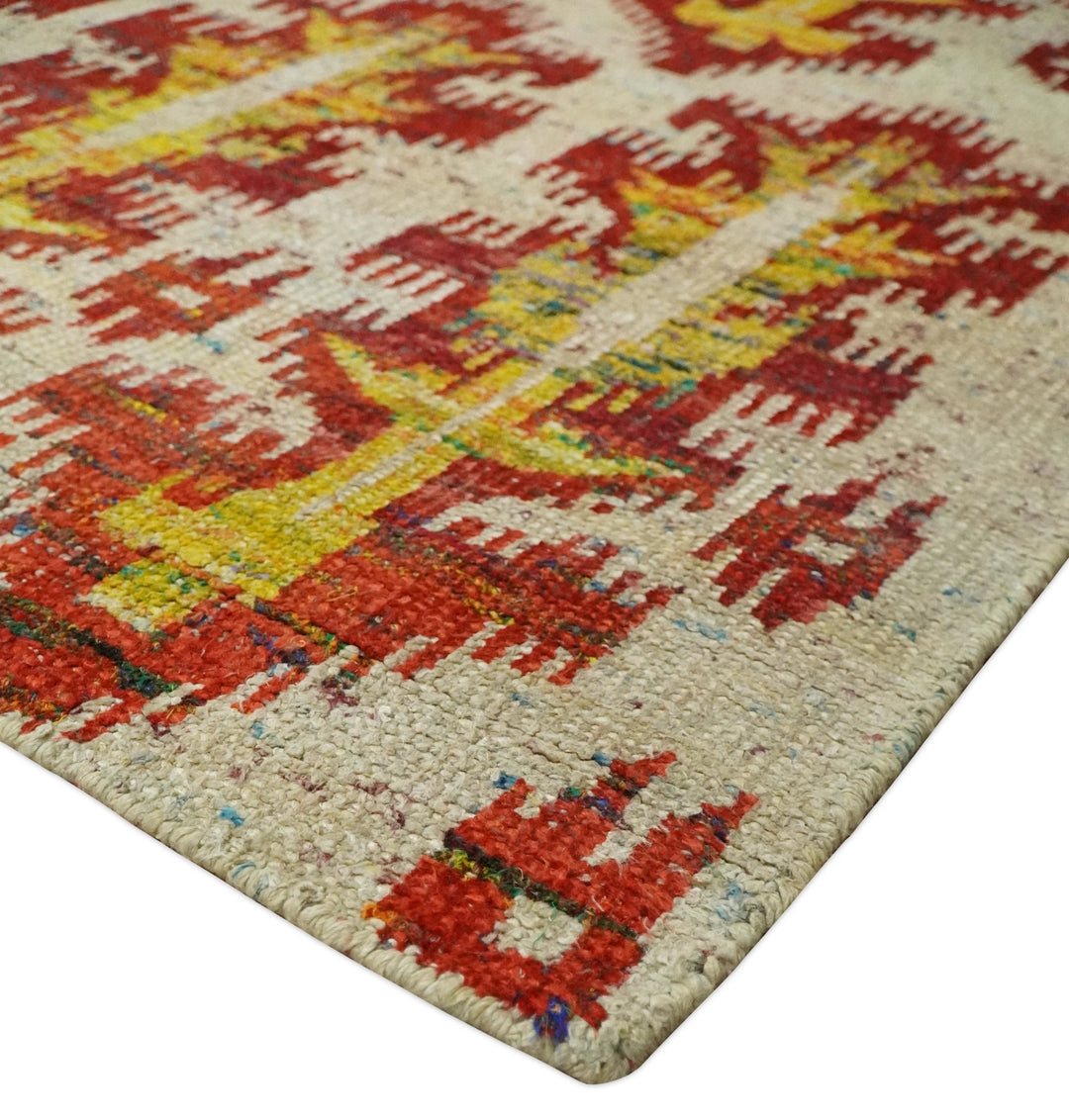 10x14 Hand Knotted Beige, Rust and Gold Modern Contemporary Southwestern Tribal Trellis Recycled Silk Area Rug | OP24 - The Rug Decor
