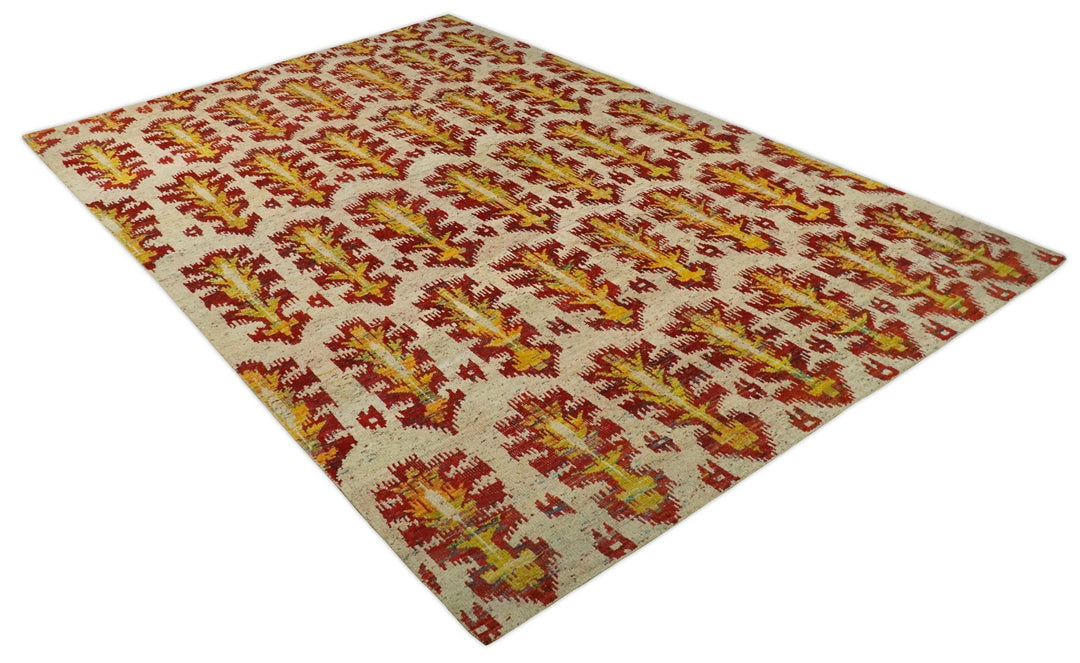10x14 Hand Knotted Beige, Rust and Gold Modern Contemporary Southwestern Tribal Trellis Recycled Silk Area Rug | OP24 - The Rug Decor