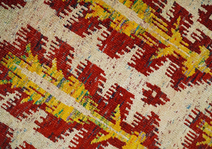 10x14 Hand Knotted Beige, Rust and Gold Modern Contemporary Southwestern Tribal Trellis Recycled Silk Area Rug | OP24 - The Rug Decor