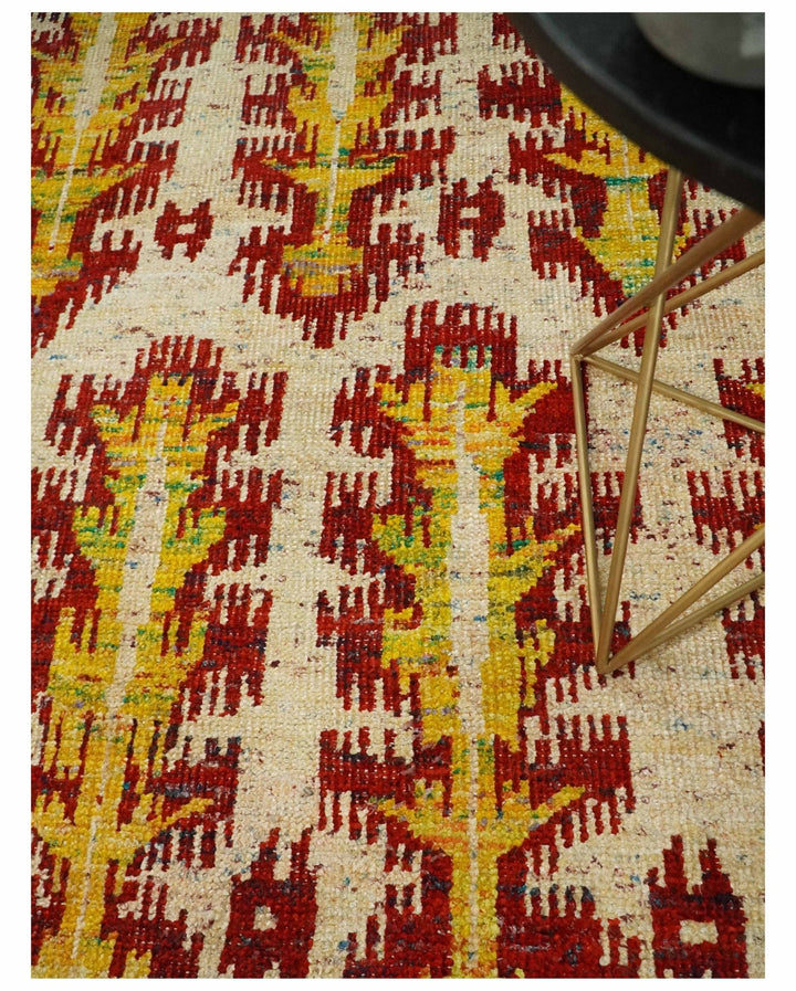 10x14 Hand Knotted Beige, Rust and Gold Modern Contemporary Southwestern Tribal Trellis Recycled Silk Area Rug | OP24 - The Rug Decor
