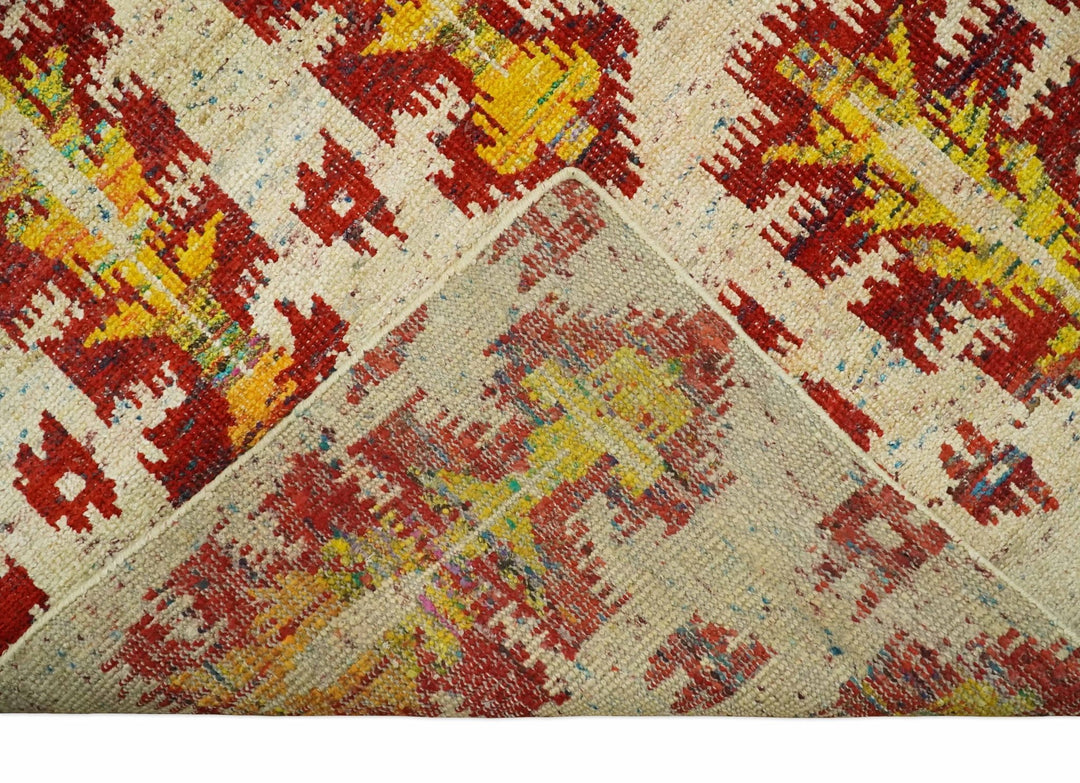 10x14 Hand Knotted Beige, Rust and Gold Modern Contemporary Southwestern Tribal Trellis Recycled Silk Area Rug | OP24 - The Rug Decor