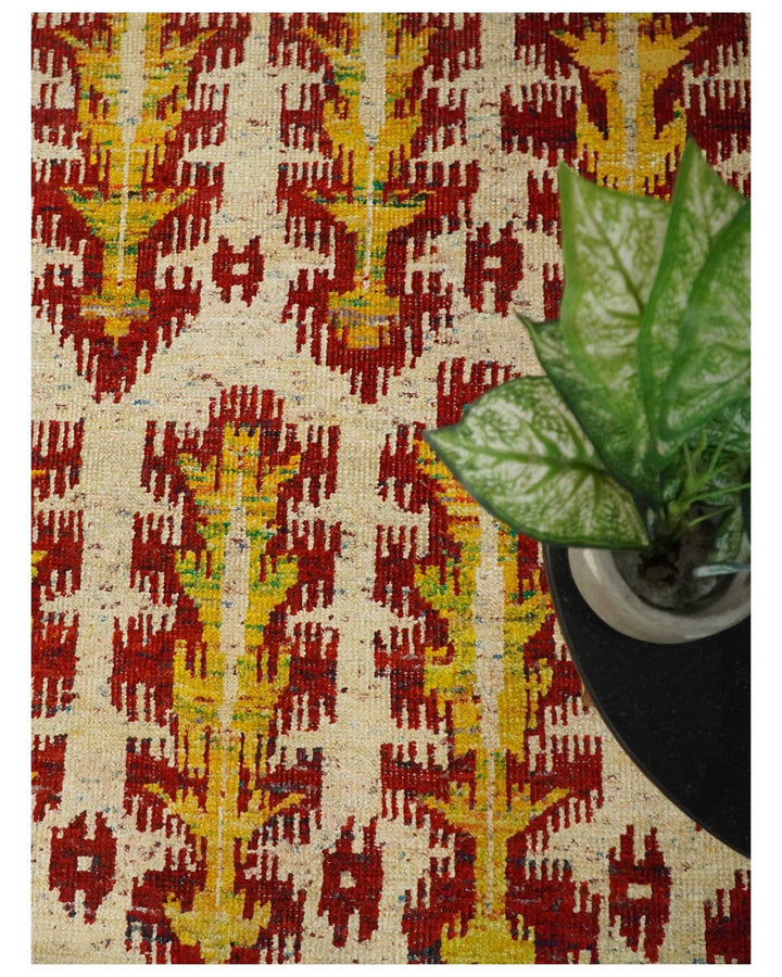 10x14 Hand Knotted Beige, Rust and Gold Modern Contemporary Southwestern Tribal Trellis Recycled Silk Area Rug | OP24 - The Rug Decor