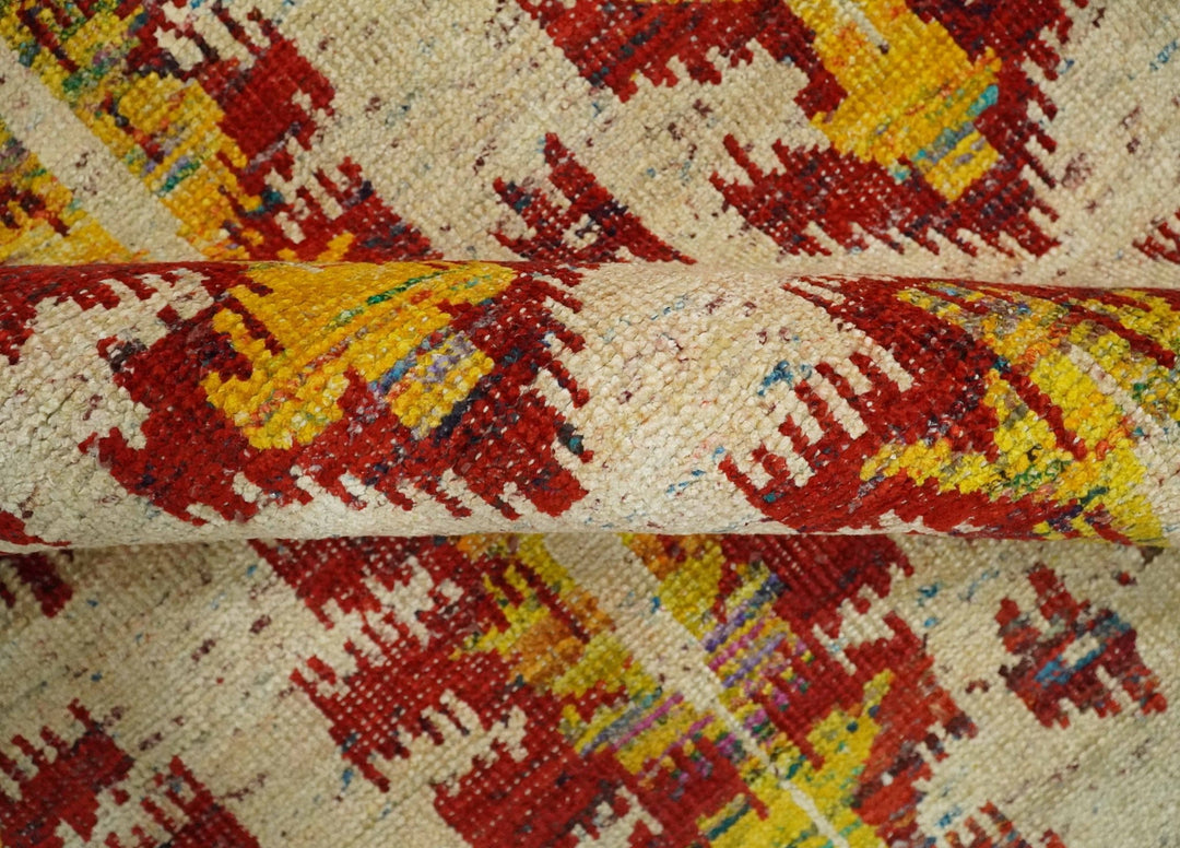 10x14 Hand Knotted Beige, Rust and Gold Modern Contemporary Southwestern Tribal Trellis Recycled Silk Area Rug | OP24 - The Rug Decor