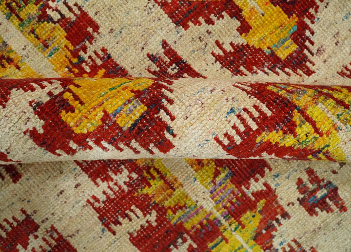 10x14 Hand Knotted Beige, Rust and Gold Modern Contemporary Southwestern Tribal Trellis Recycled Silk Area Rug | OP24 - The Rug Decor