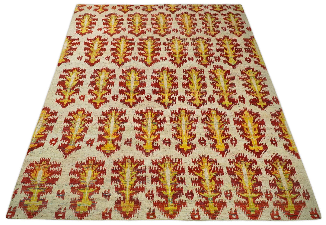 10x14 Hand Knotted Beige, Rust and Gold Modern Contemporary Southwestern Tribal Trellis Recycled Silk Area Rug | OP24 - The Rug Decor