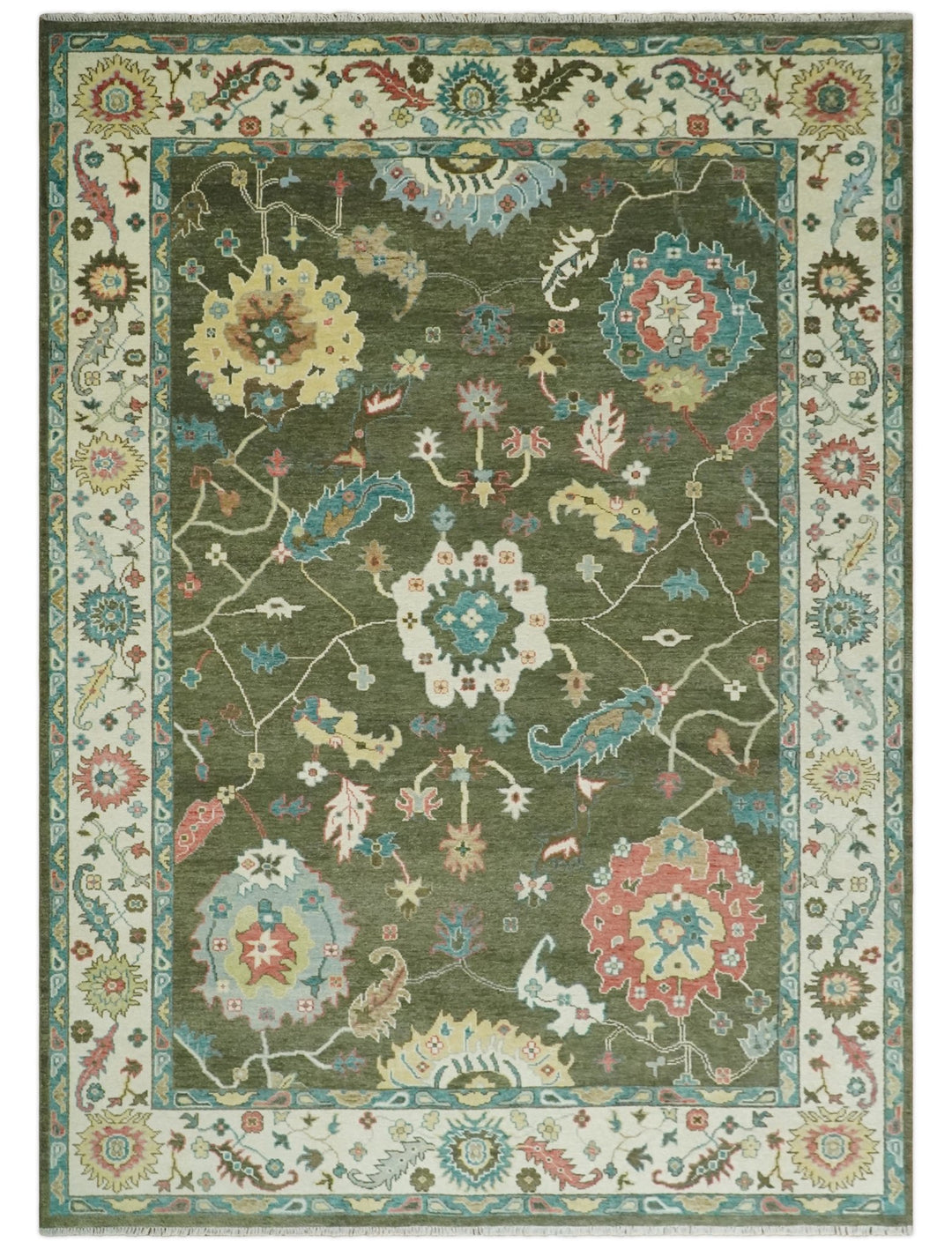 10x14 Wool Traditional Persian Olive and Ivory Vibrant Colorful Hand knotted Oushak Area Rug | TRDCP10621014 - The Rug Decor
