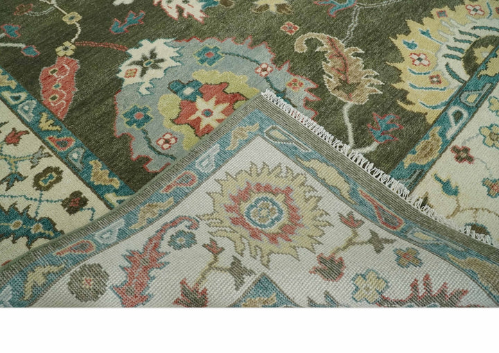10x14 Wool Traditional Persian Olive and Ivory Vibrant Colorful Hand knotted Oushak Area Rug | TRDCP10621014 - The Rug Decor