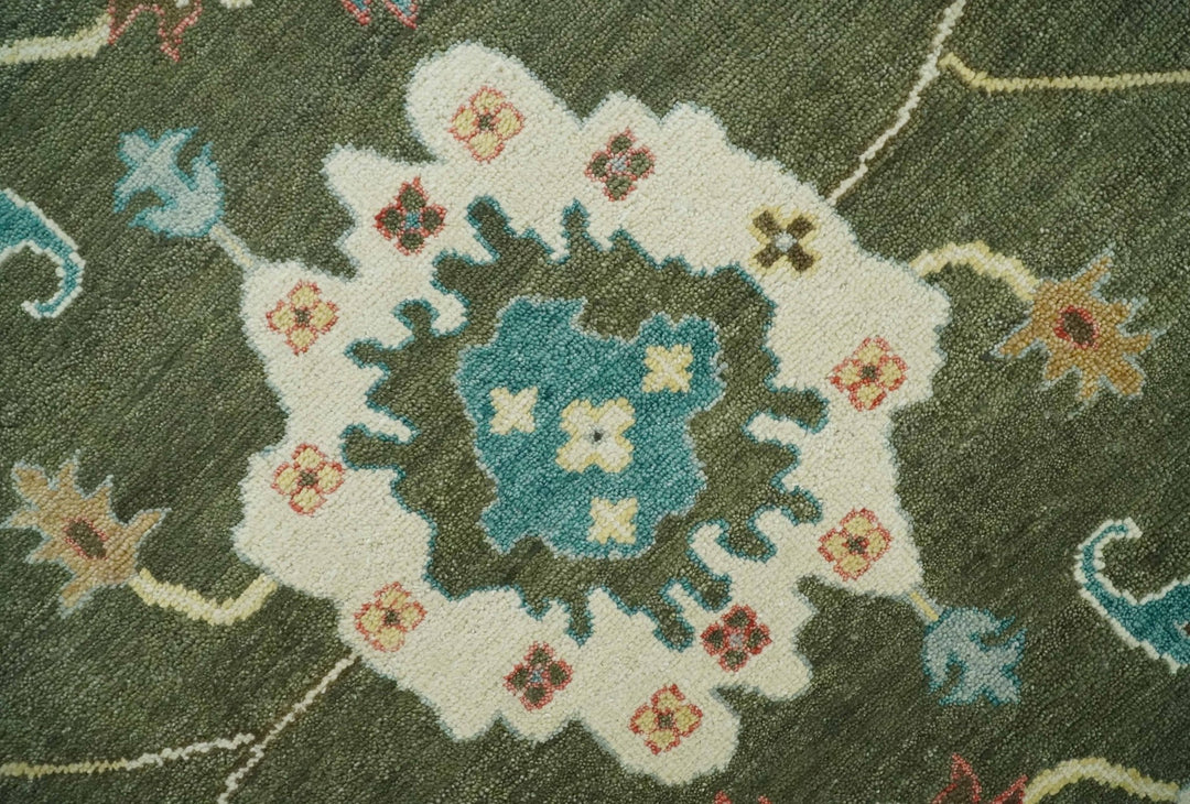 10x14 Wool Traditional Persian Olive and Ivory Vibrant Colorful Hand knotted Oushak Area Rug | TRDCP10621014 - The Rug Decor