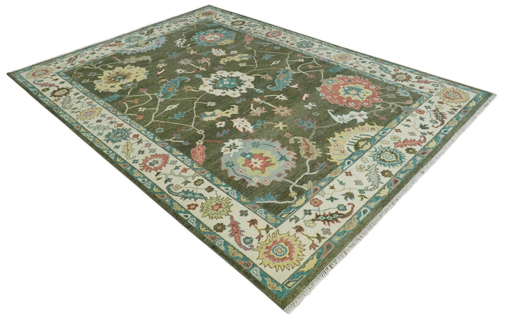 10x14 Wool Traditional Persian Olive and Ivory Vibrant Colorful Hand knotted Oushak Area Rug | TRDCP10621014 - The Rug Decor