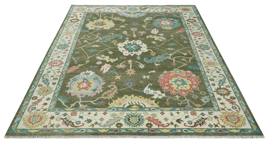 10x14 Wool Traditional Persian Olive and Ivory Vibrant Colorful Hand knotted Oushak Area Rug | TRDCP10621014 - The Rug Decor