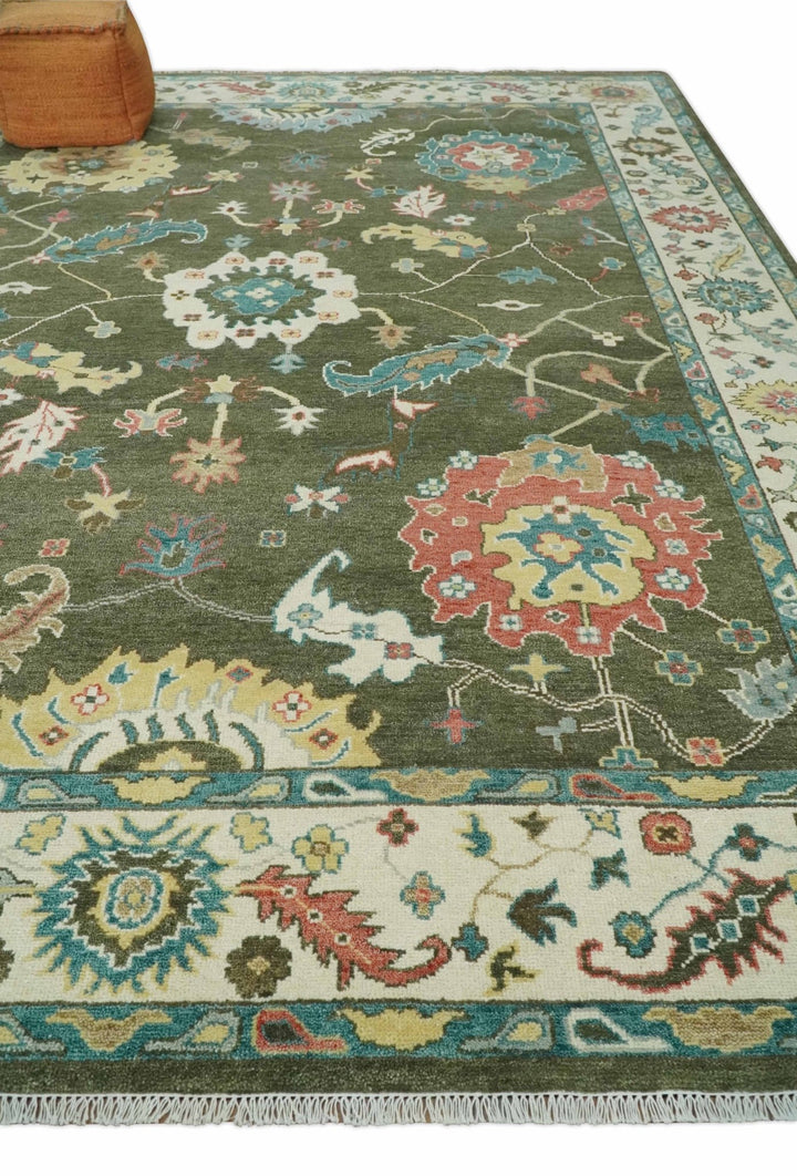 10x14 Wool Traditional Persian Olive and Ivory Vibrant Colorful Hand knotted Oushak Area Rug | TRDCP10621014 - The Rug Decor