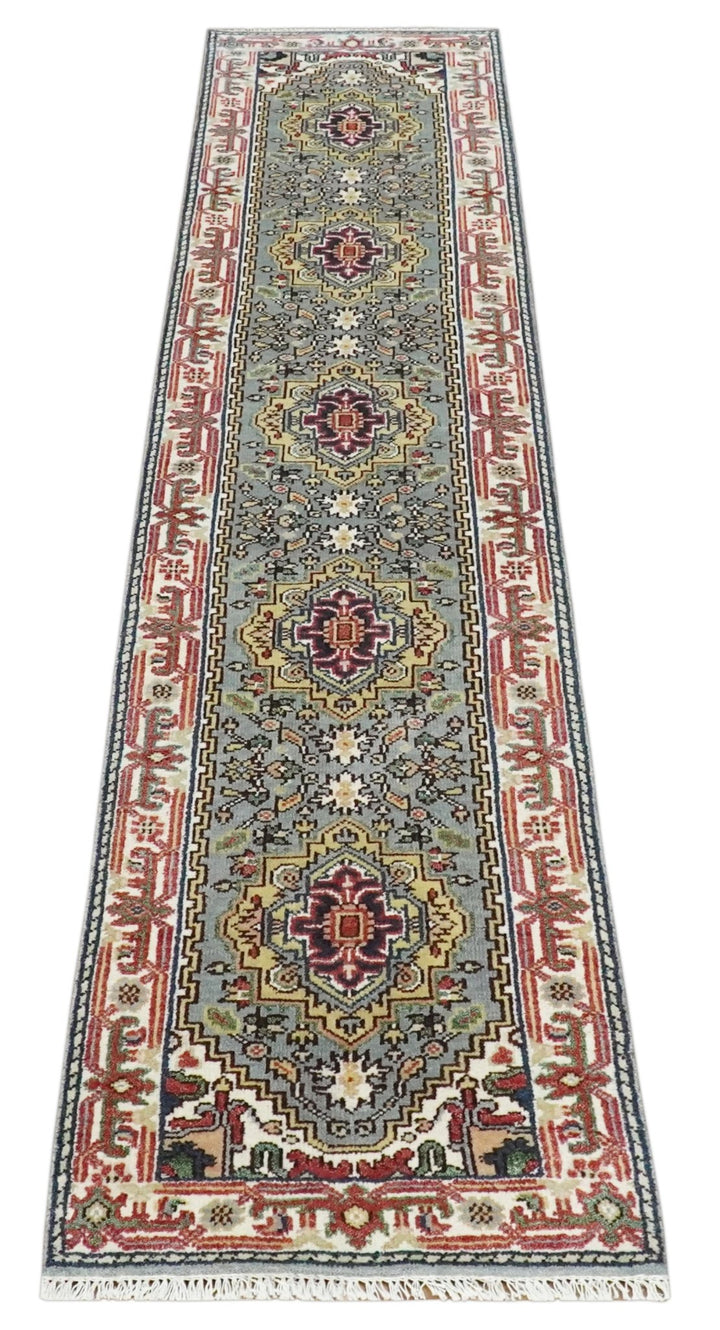 12 feet runner Mustard, Charcoal and Ivory Hand knotted Traditional wool Area Rug - The Rug Decor
