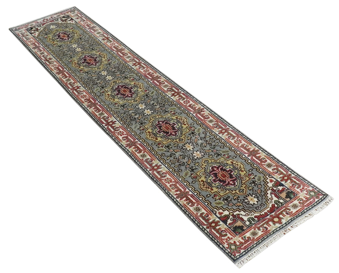 12 feet runner Mustard, Charcoal and Ivory Hand knotted Traditional wool Area Rug - The Rug Decor