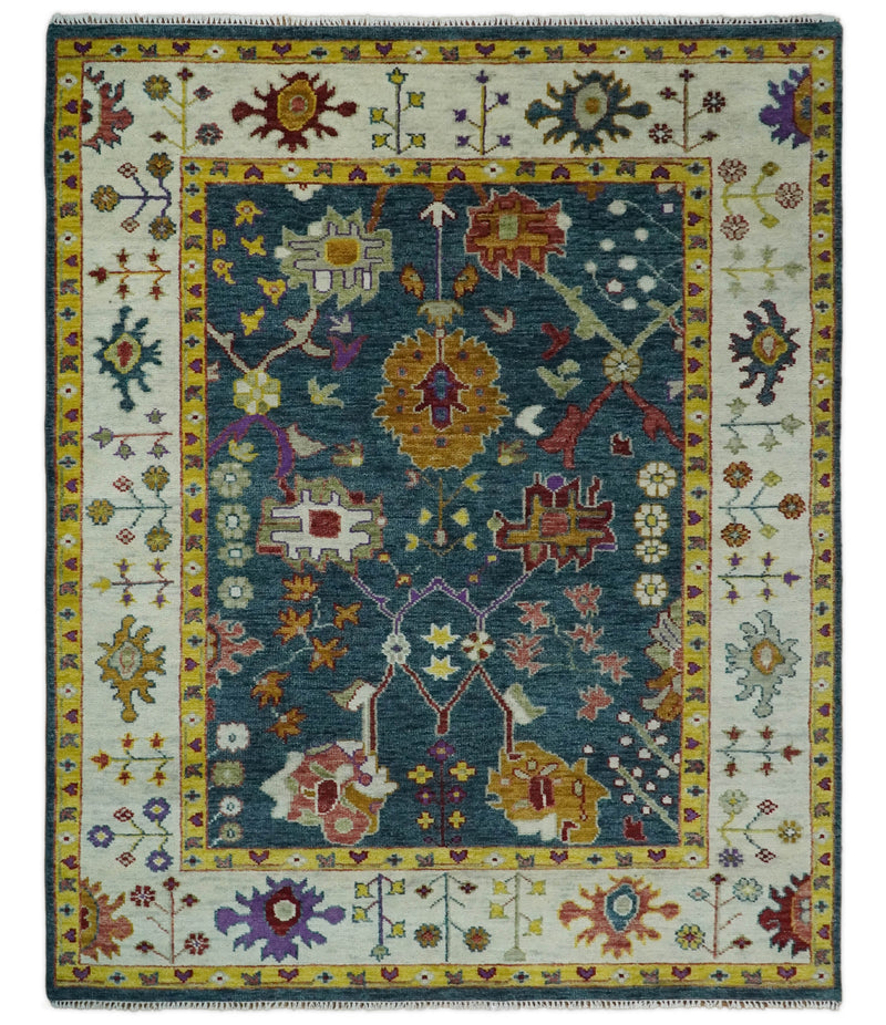 Traditional Floral Teal, Ivory and Mustard Hand Knotted Oriental Oushak Multi Size wool Area Rug