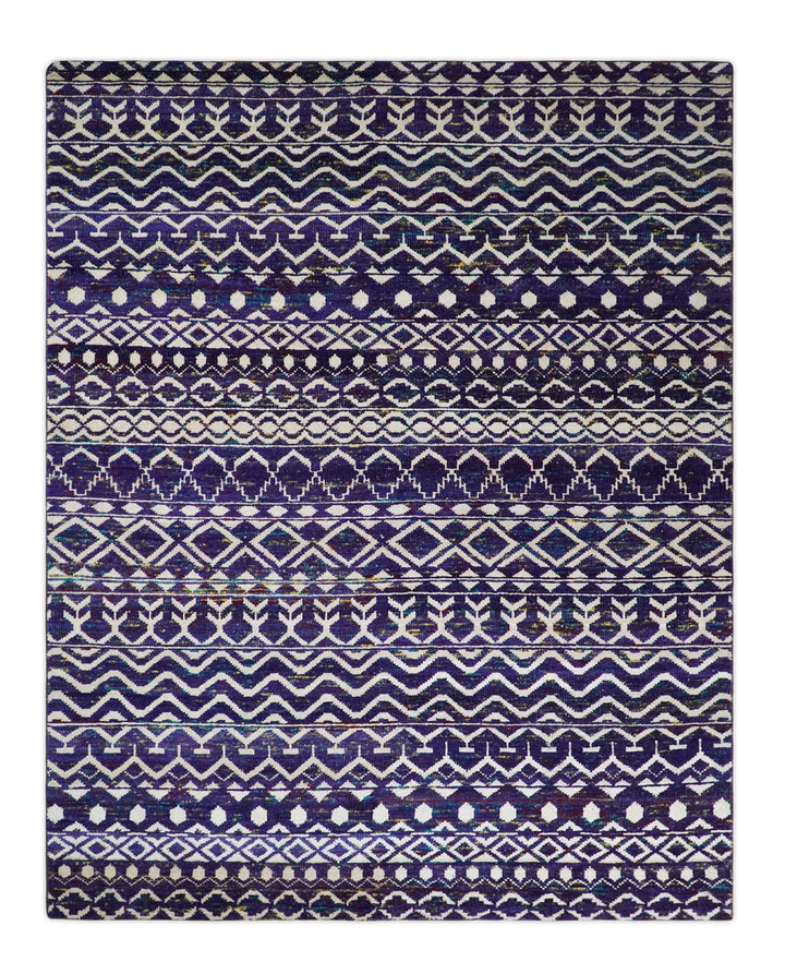 4x6 and 8x10 Hand Knotted Blue and White Modern Contemporary Southwestern Tribal Trellis Recycled Silk Area Rug | OP6
