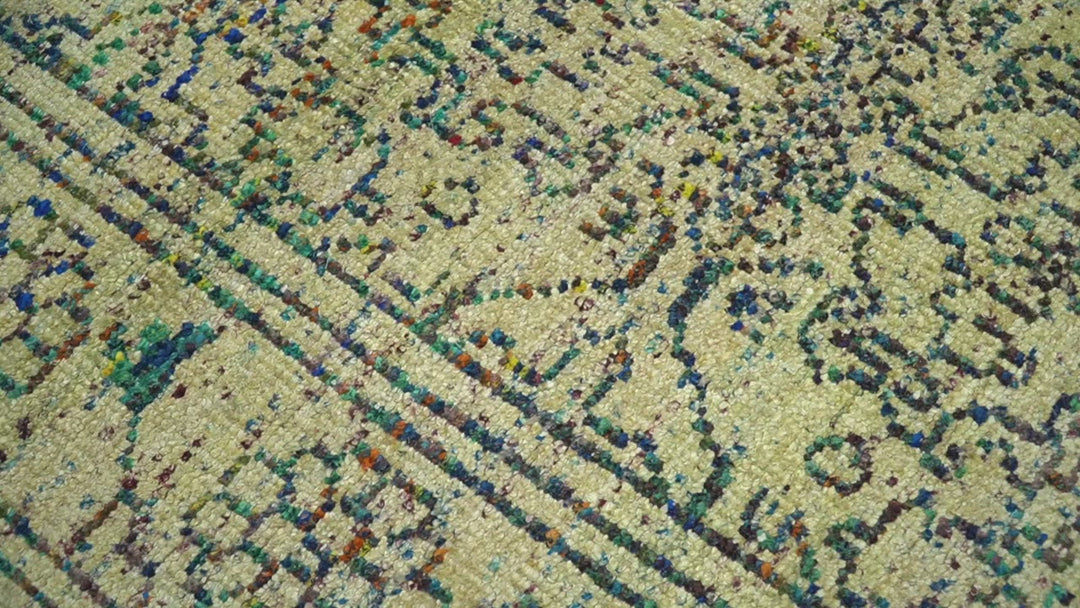 Antique 8x10 Hand Knotted Beige and Blue Persian made of Recycled Silk Area Rug | OP20