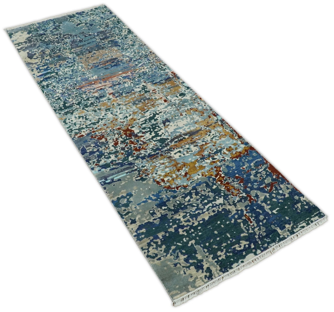 2.6x10 Fine Hand Knotted Blue Modern Abstract Wool and Silk Runner Area Rug | AGR12 - The Rug Decor