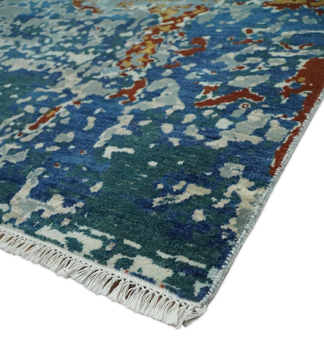 2.6x10 Fine Hand Knotted Blue Modern Abstract Wool and Silk Runner Area Rug | AGR12 - The Rug Decor