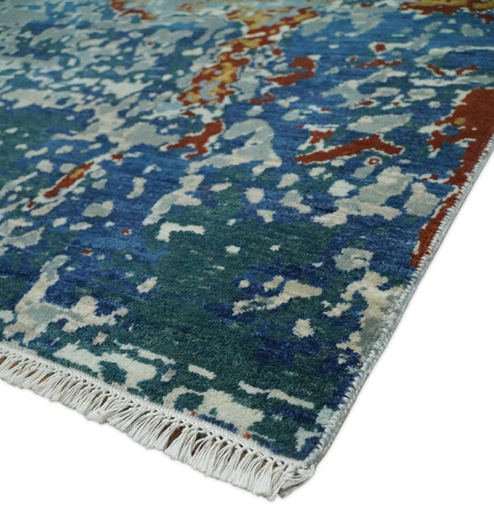 2.6x10 Fine Hand Knotted Blue Modern Abstract Wool and Silk Runner Area Rug | AGR12 - The Rug Decor