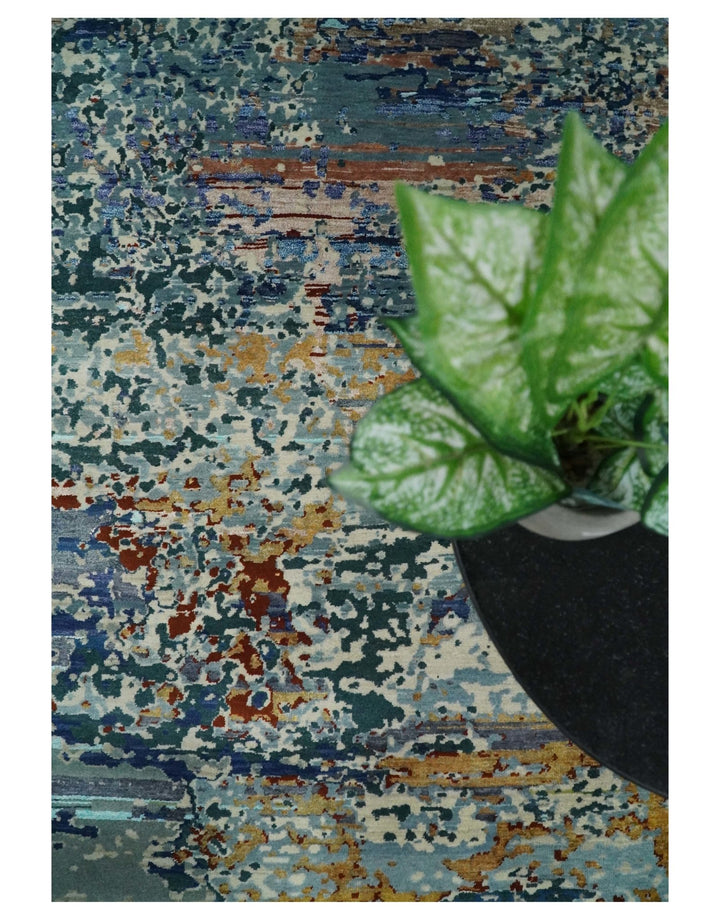 2.6x10 Fine Hand Knotted Blue Modern Abstract Wool and Silk Runner Area Rug | AGR12 - The Rug Decor