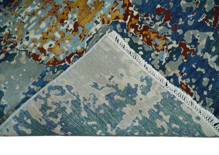 2.6x10 Fine Hand Knotted Blue Modern Abstract Wool and Silk Runner Area Rug | AGR12 - The Rug Decor