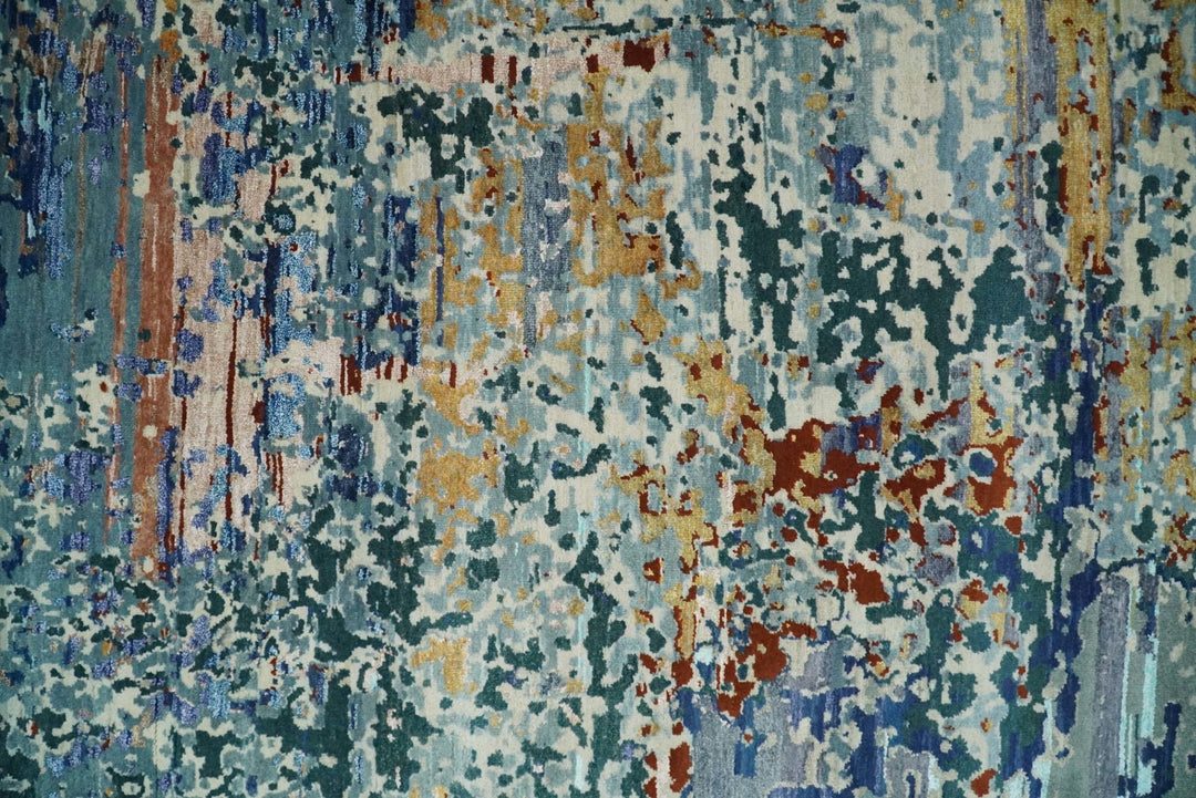 2.6x10 Fine Hand Knotted Blue Modern Abstract Wool and Silk Runner Area Rug | AGR12 - The Rug Decor