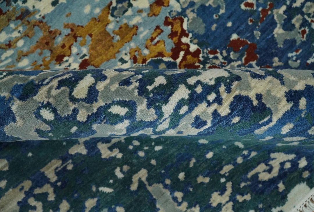 2.6x10 Fine Hand Knotted Blue Modern Abstract Wool and Silk Runner Area Rug | AGR12 - The Rug Decor