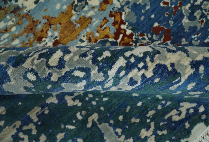 2.6x10 Fine Hand Knotted Blue Modern Abstract Wool and Silk Runner Area Rug | AGR12 - The Rug Decor