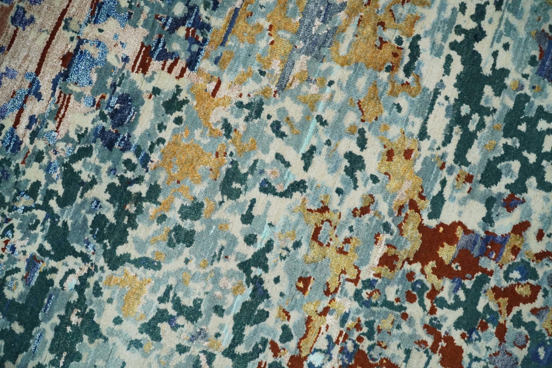 2.6x10 Fine Hand Knotted Blue Modern Abstract Wool and Silk Runner Area Rug | AGR12 - The Rug Decor