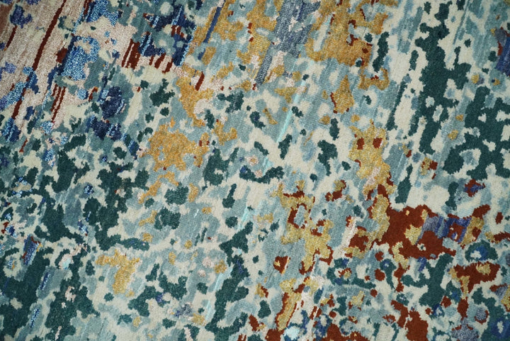 2.6x10 Fine Hand Knotted Blue Modern Abstract Wool and Silk Runner Area Rug | AGR12 - The Rug Decor