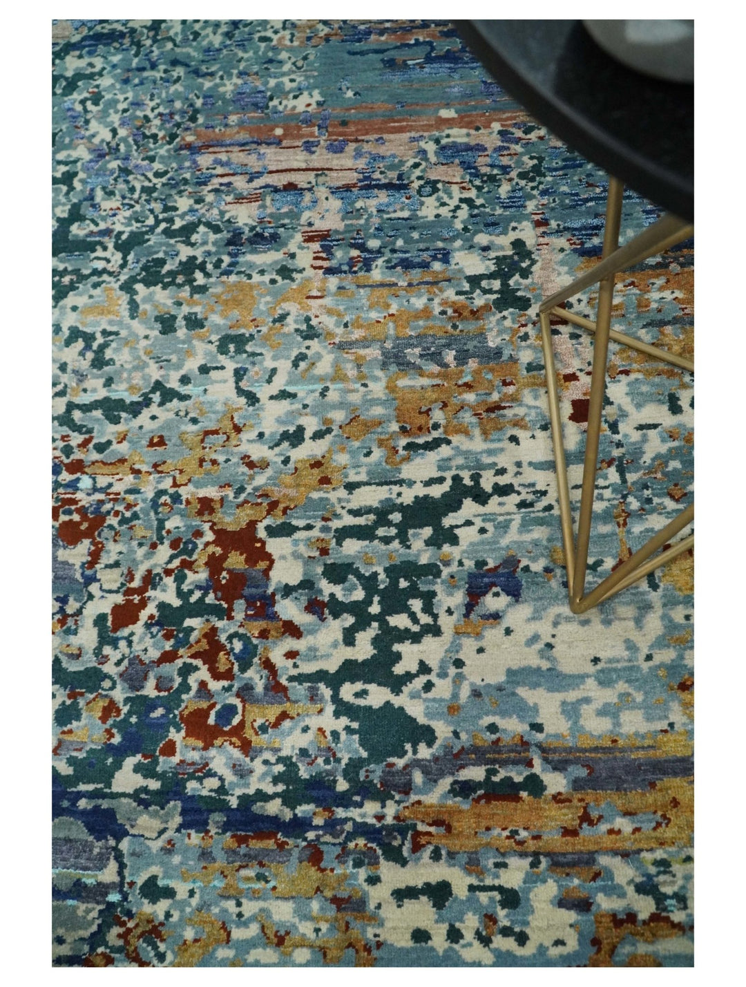 2.6x10 Fine Hand Knotted Blue Modern Abstract Wool and Silk Runner Area Rug | AGR12 - The Rug Decor