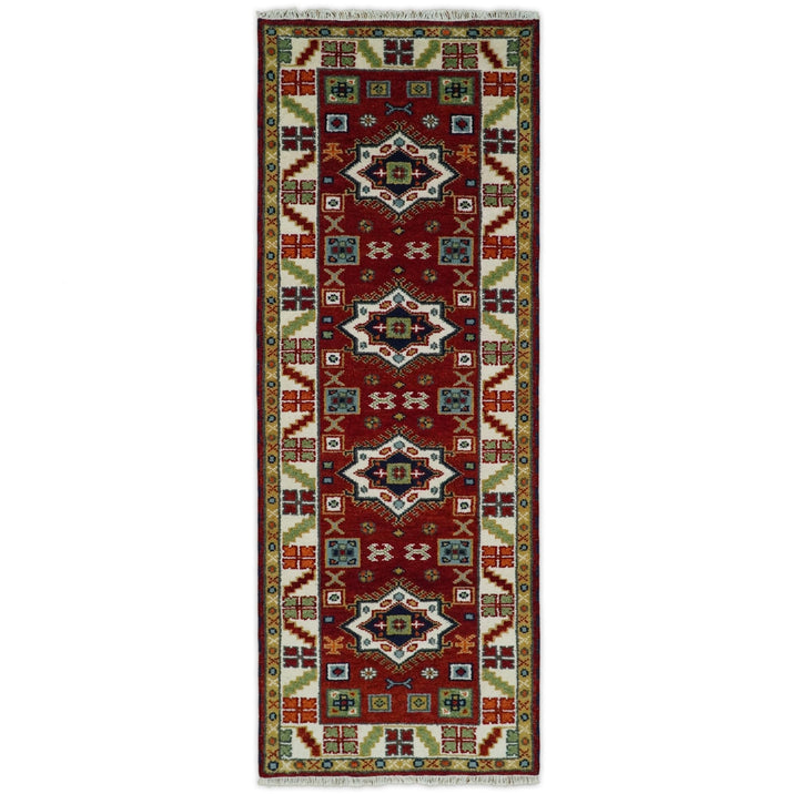 2.9x8 Hand Knotted Antique Kazak Runner Blue and Rust Traditional Tribal Armenian Rug | KZA6 - The Rug Decor