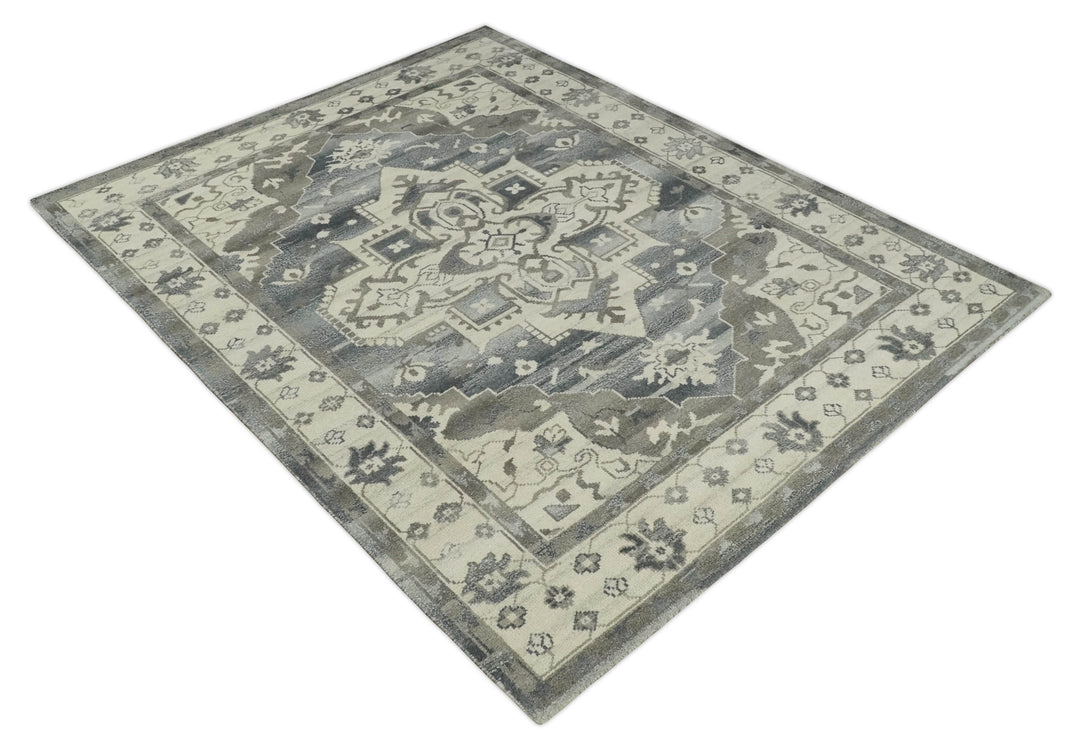 Custom Made Hand Knotted Ivory, Charcoal and Gray Traditional Medallion Natural Wool Area Rug, Kids, Living Room and Bedroom Rug