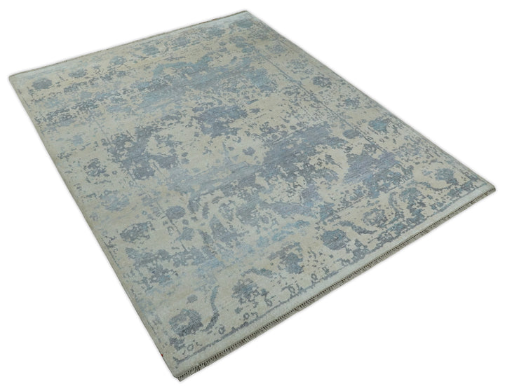 Large 8x10 Fine Hand Knotted charcoal, beige, and teal Abstract Traditional Persian Style Antique Bamboo Silk Rug | TRDCP501810
