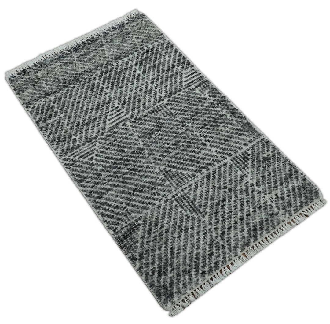 2x3 Hand Knotted Ivory and Charcoal Geometrical Design Wool Area Rug - The Rug Decor