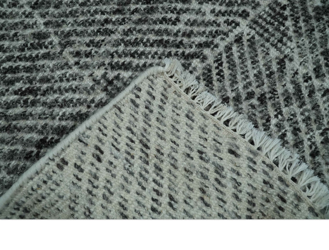 2x3 Hand Knotted Ivory and Charcoal Geometrical Design Wool Area Rug - The Rug Decor