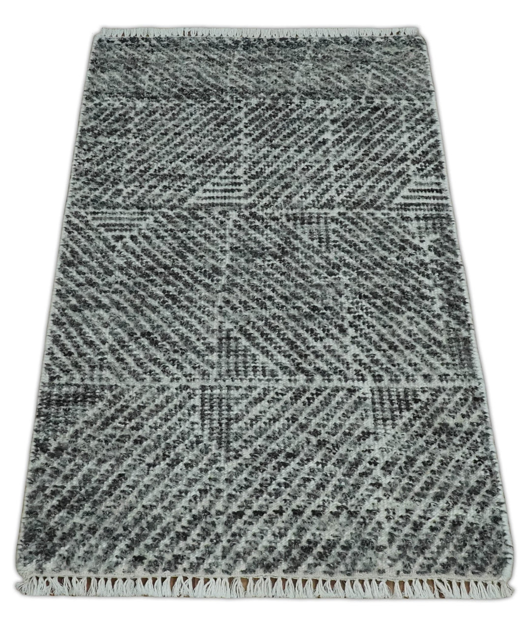2x3 Hand Knotted Ivory and Charcoal Geometrical Design Wool Area Rug - The Rug Decor