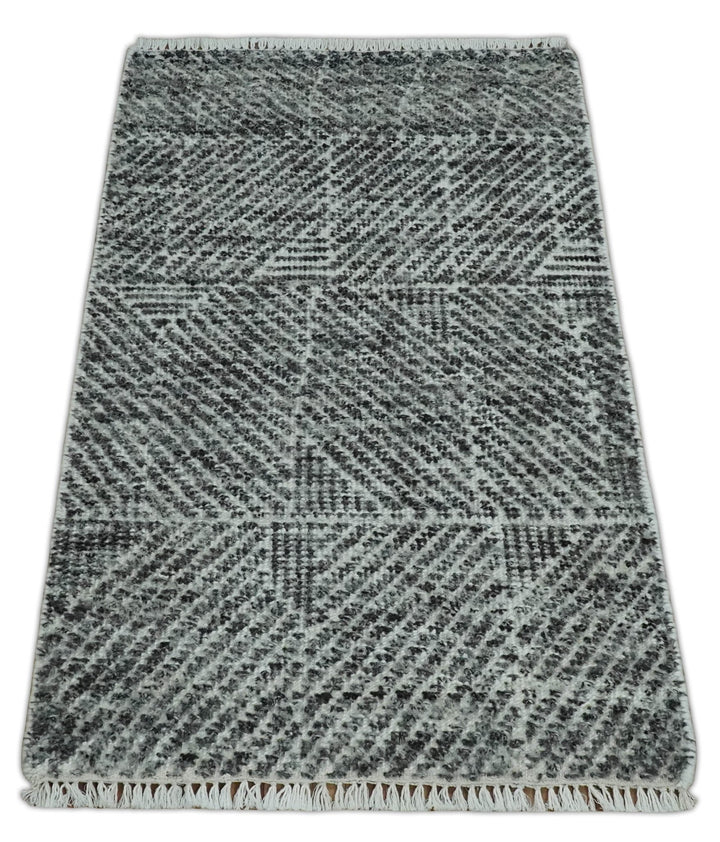 2x3 Hand Knotted Ivory and Charcoal Geometrical Design Wool Area Rug - The Rug Decor