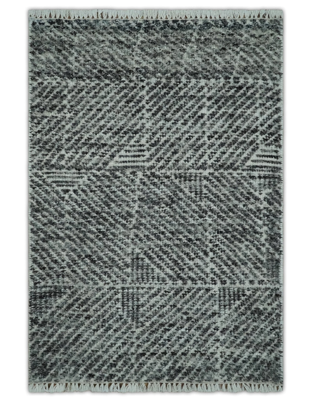 2x3 Hand Knotted Ivory and Charcoal Geometrical Design Wool Area Rug - The Rug Decor